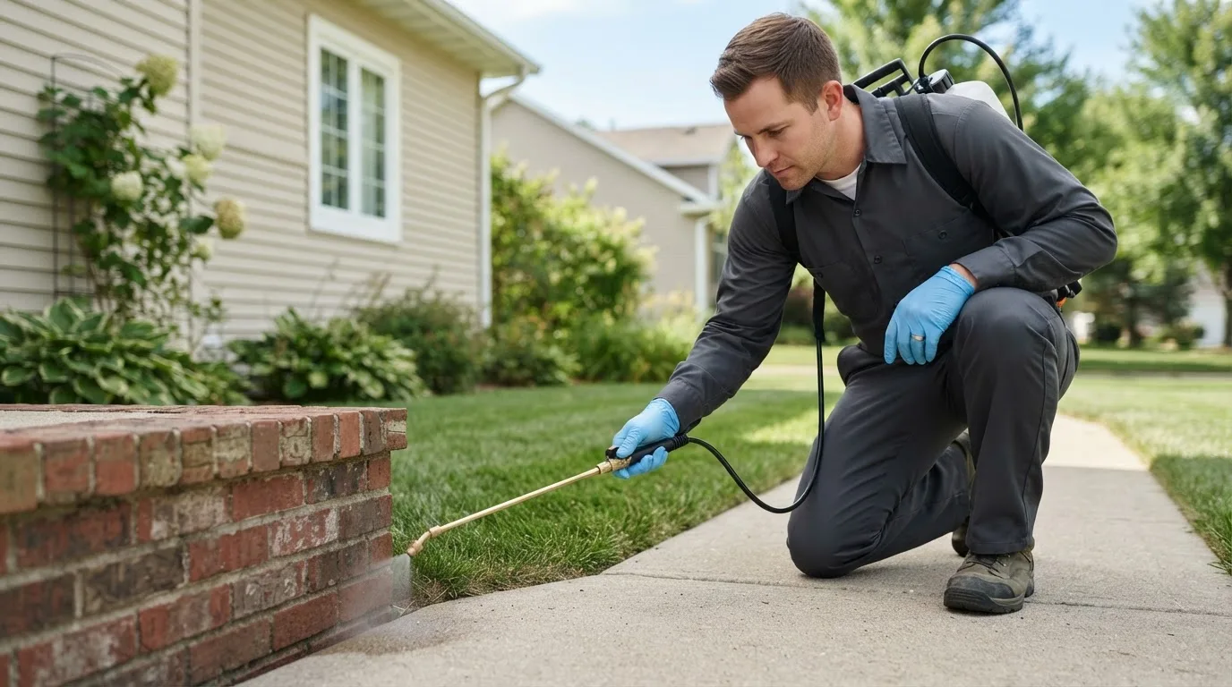 Pest control technician treating a home near Llewellyn, PA