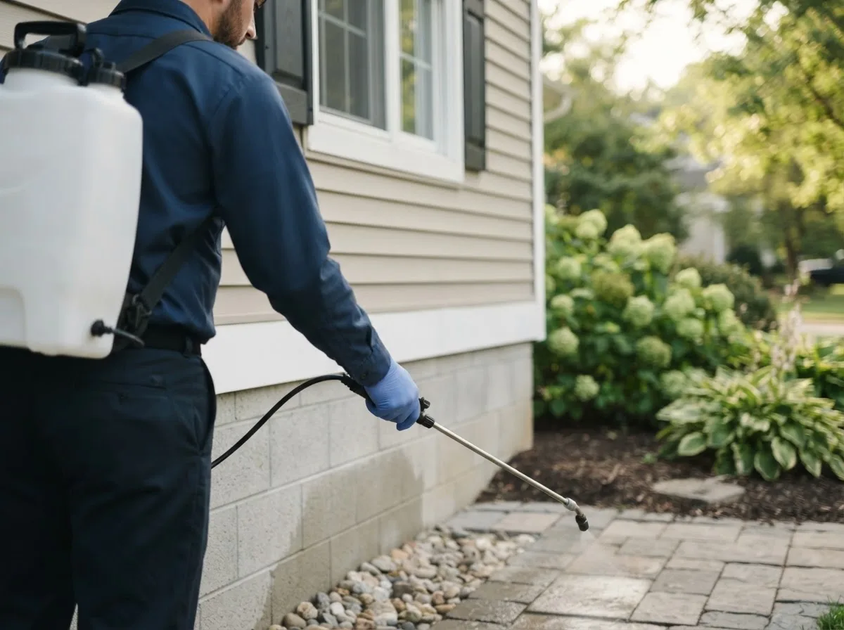 Pest control technician inspecting a home in Llewellyn, PA